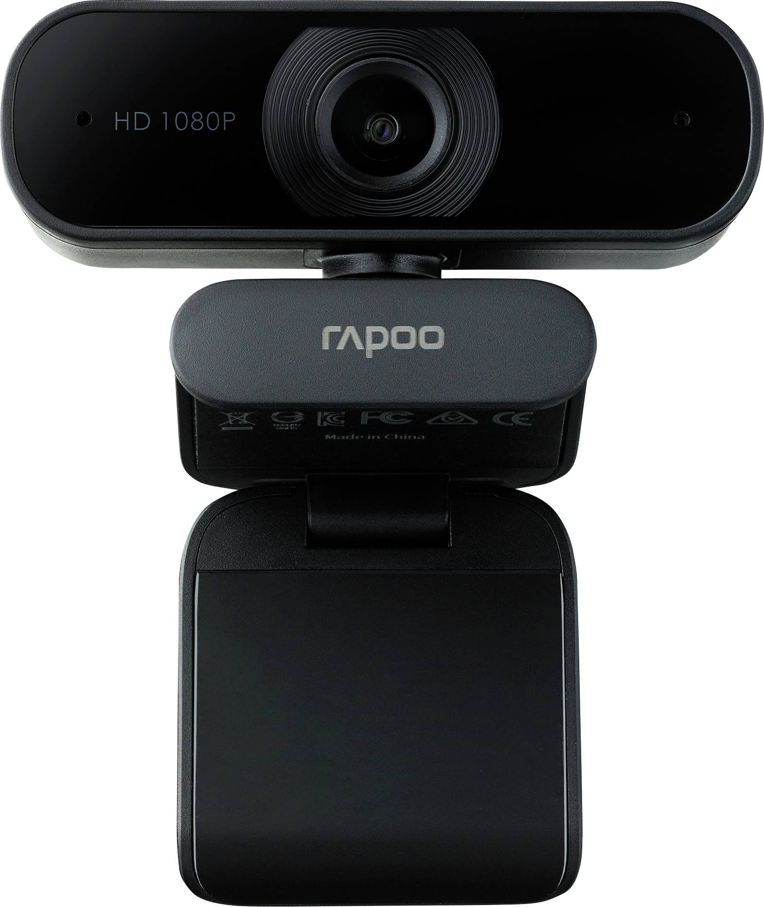 Zwarte Rapoo HD 1080P webcam met centraal objectief en opvouwbare privacycover gemonteerd op een clipstandaard tegen een witte achtergrond
