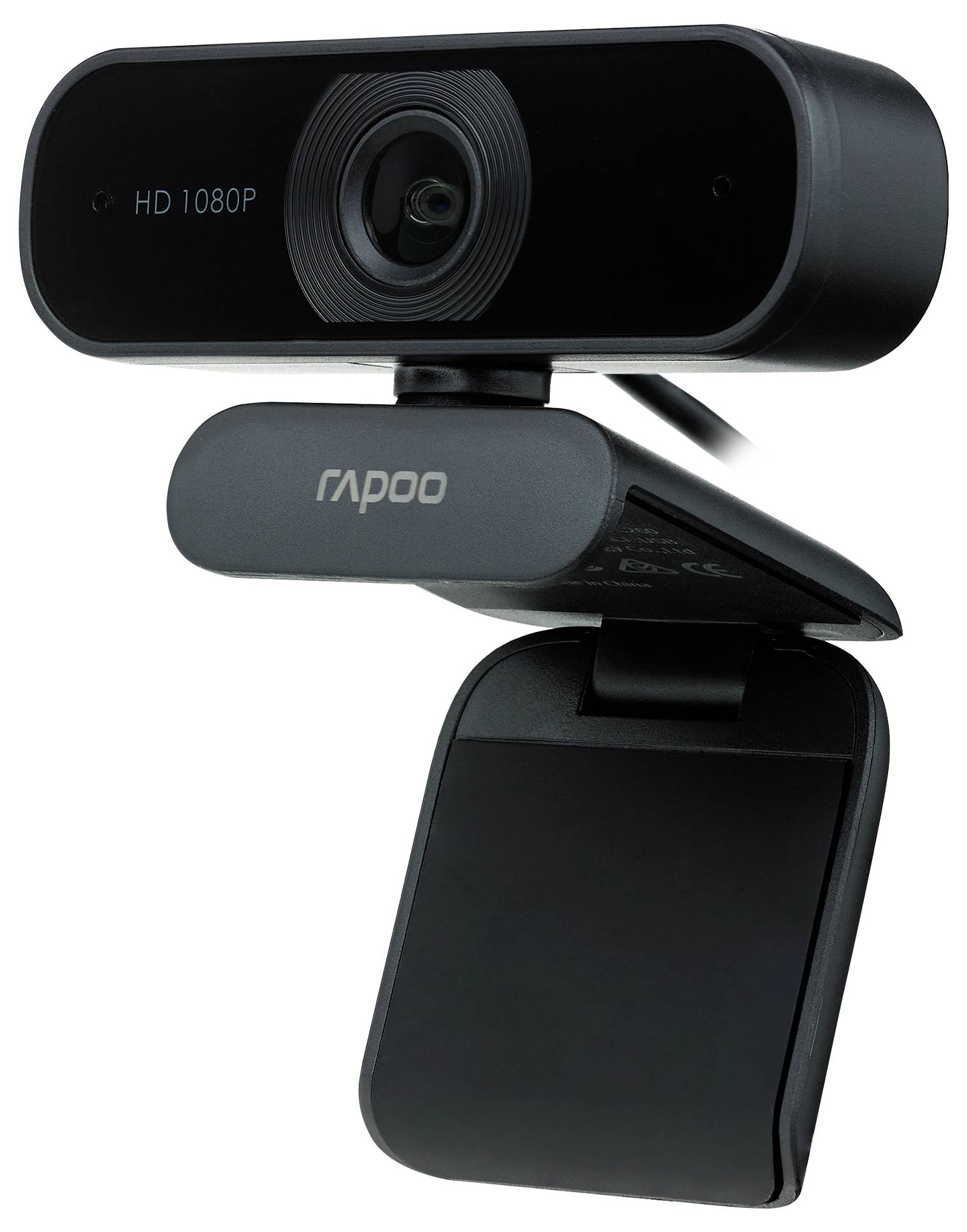 Zwarte Rapoo HD 1080P webcam met clip-on privacydeksel, getoond tegen een witte achtergrond.