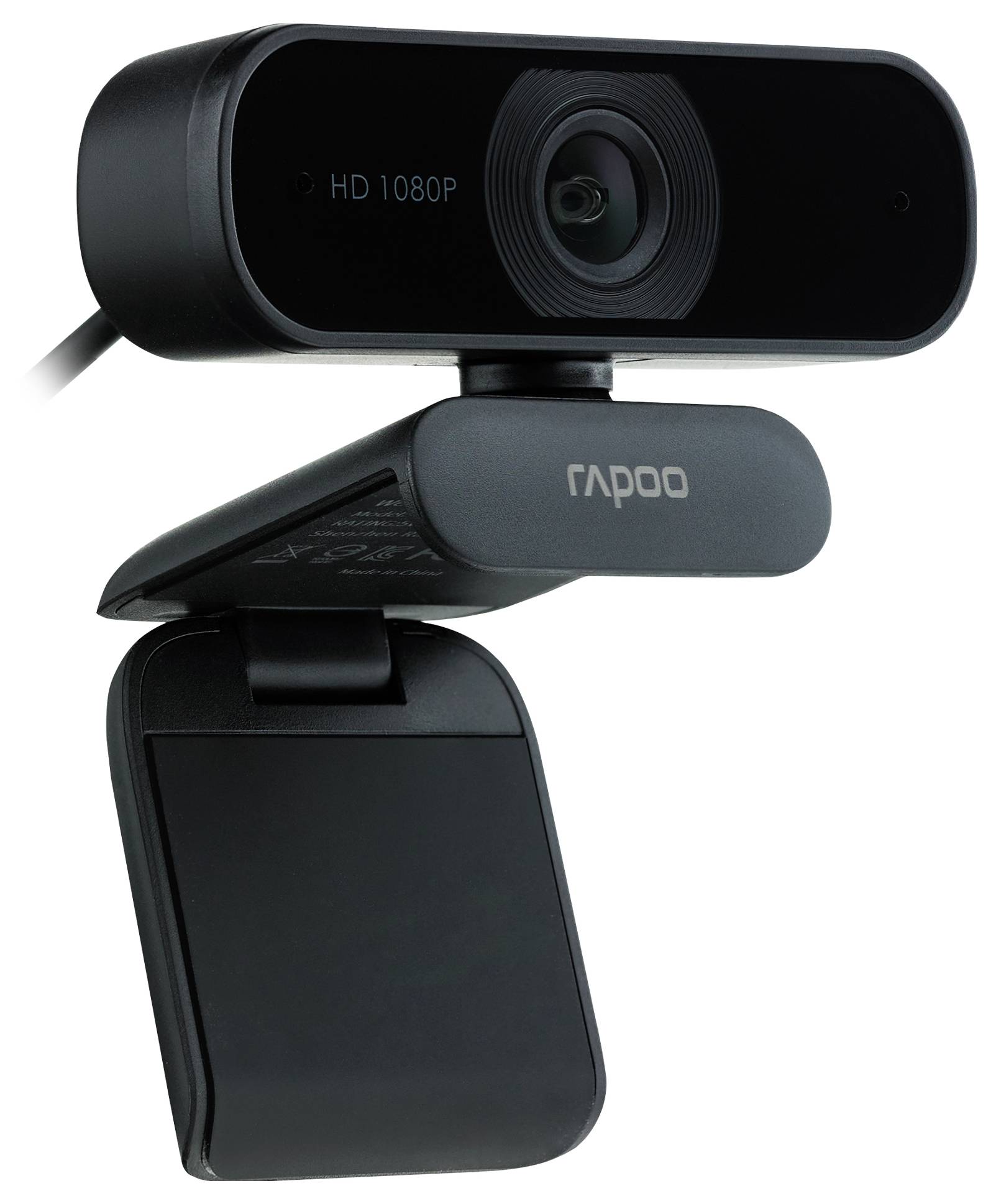 Zwarte Rapoo HD 1080P webcam met klembevestiging en privacycover, weergegeven op een witte achtergrond.