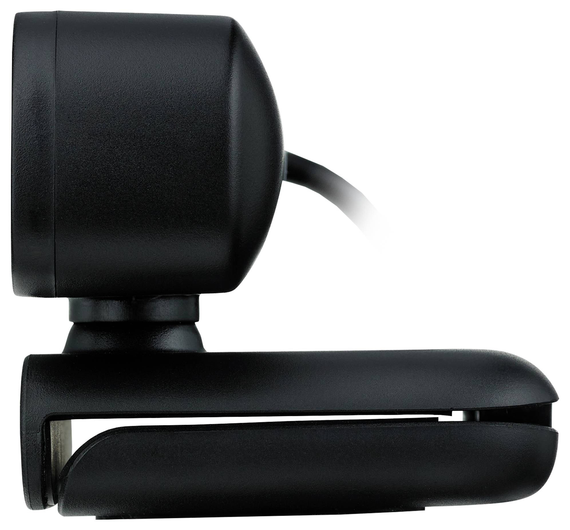 Zwarte webcam met een klemvatting en USB-kabel op een witte achtergrond.