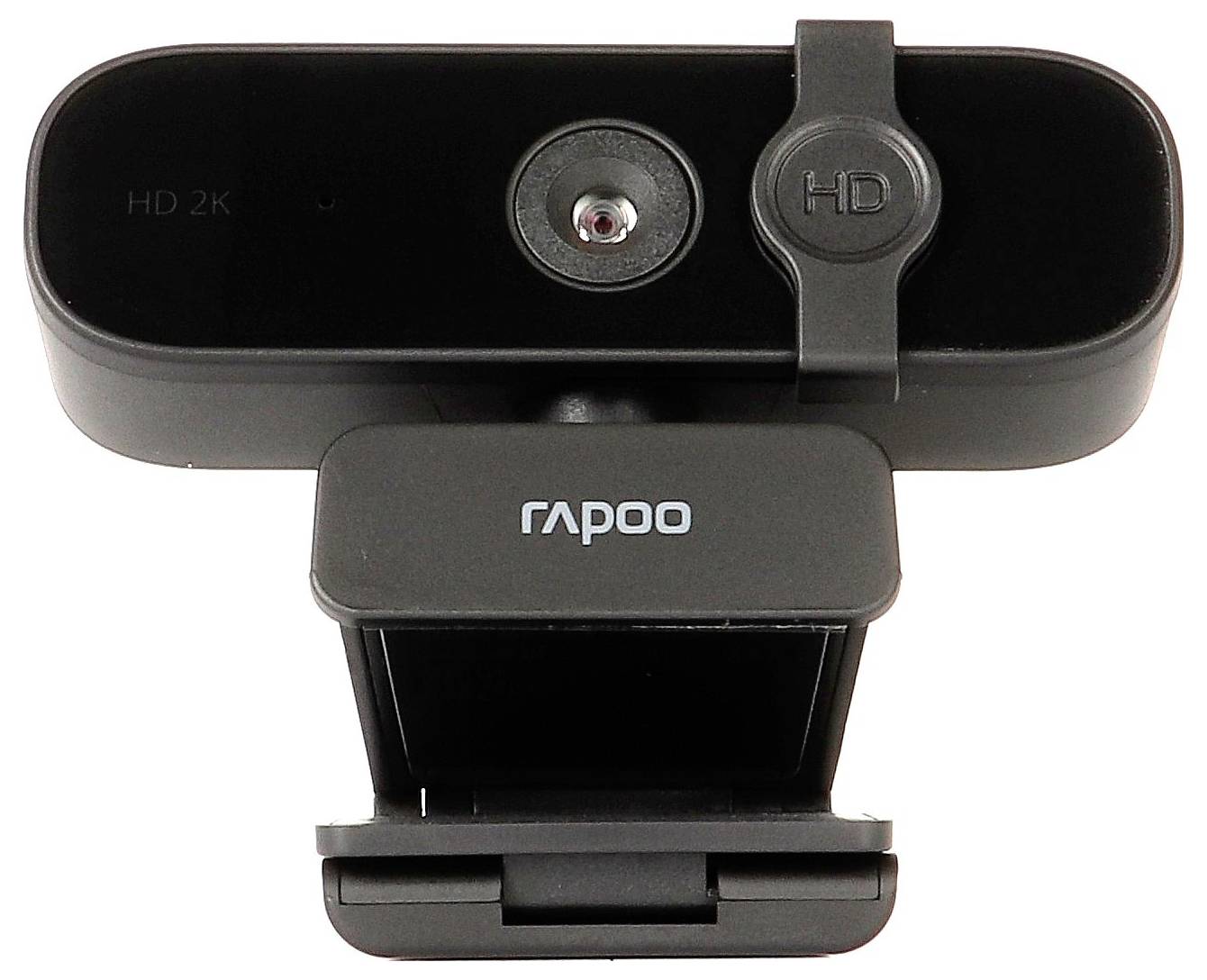 Zwarte Rapoo HD 2K webcam met ingebouwde lensafdekking, weergegeven in vooraanzicht op een witte achtergrond.
