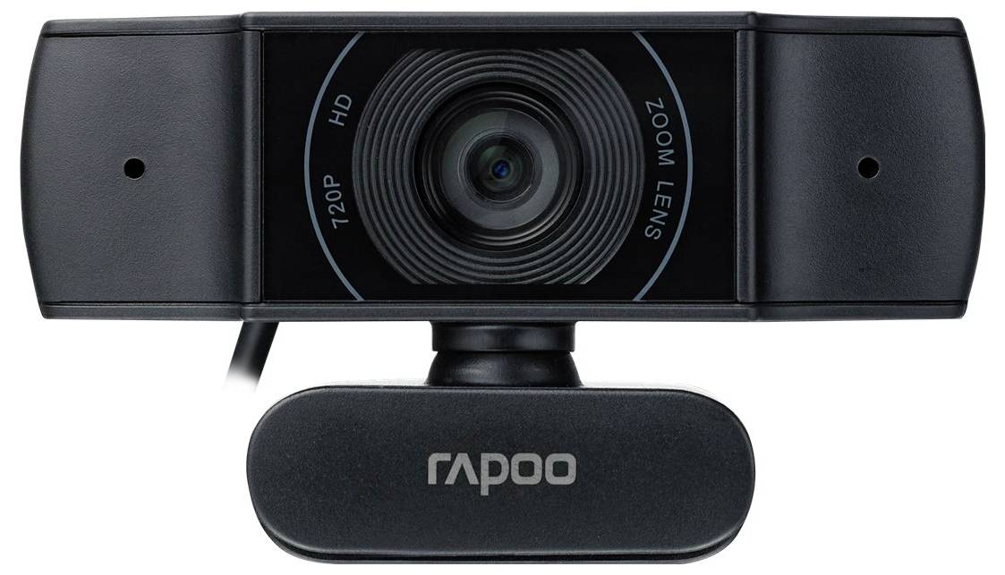 Zwarte Rapoo HD-webcam met centraalgeplaatste lens en ingebouwde microfoon op een witte achtergrond.