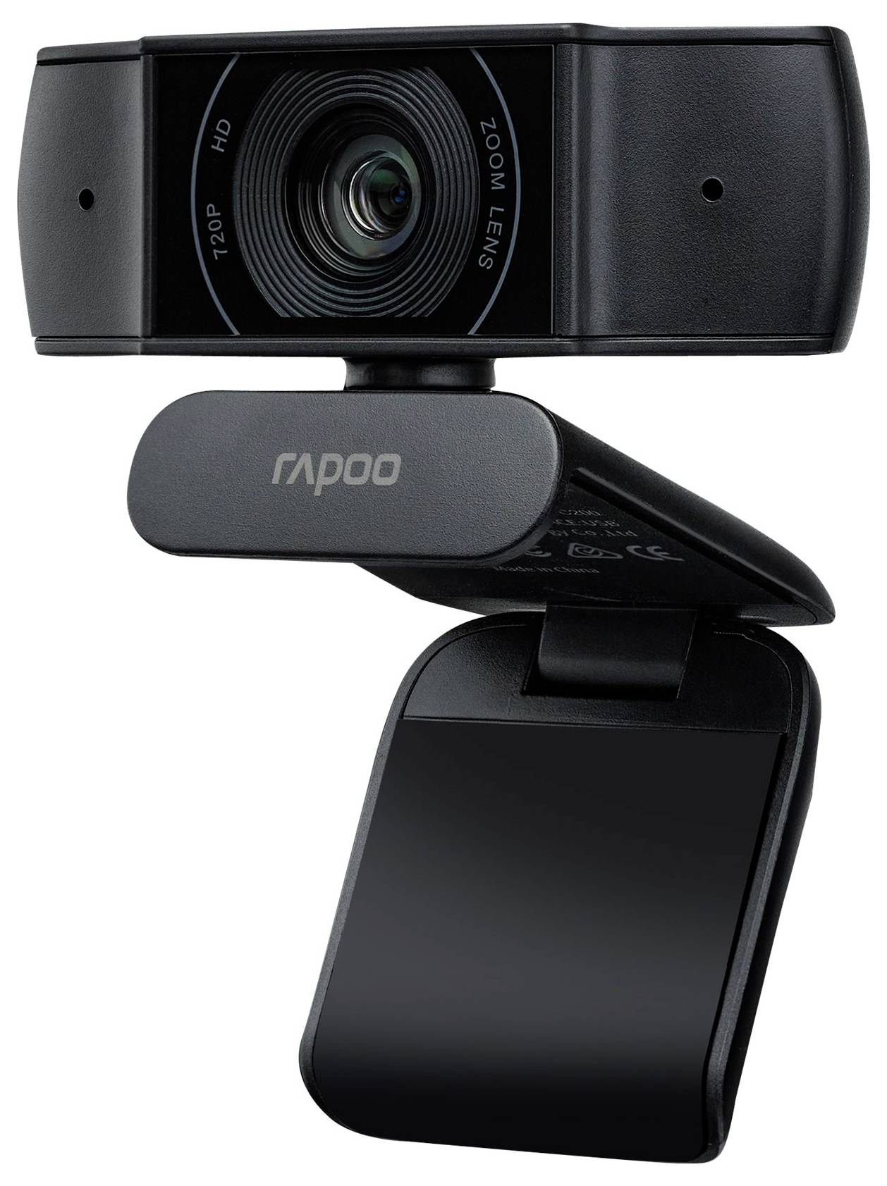 Zwarte Rapoo-webcam met verstelbare clipbevestiging, vooraanzicht op witte achtergrond.