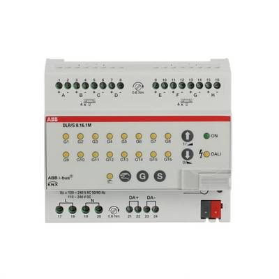 Frontaanzicht van een ABB DALI/KNX-verlichtingscontrollemodule met genummerde aansluitklemmen, indicatie-LED's en aan/uit-bedieningselementen.