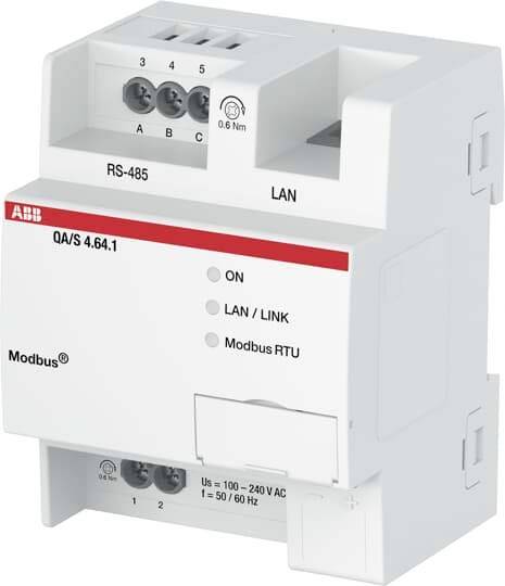 ABB QA/S 4.64.1 Modbus-communicatiemodule met RS-485 en LAN-terminals, statusled's en 100–240 V AC-voedingsingang.
