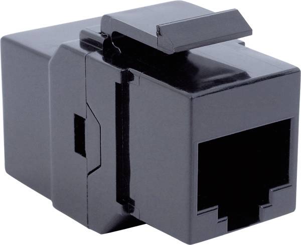 Zwarte rechthoekige kunststof Ethernet-kabelconnector op een witte achtergrond.