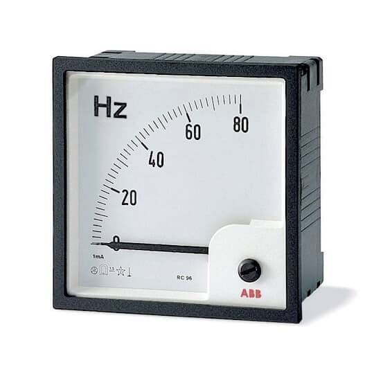Analoge ABB frequentiemeter met schaal van 0–80 Hz, naald rustend dicht bij 0.