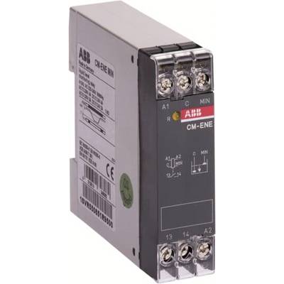 ABB CM-ENE elektrische monitoringrelais met schroefklemmen en gelabelde frontpaneel met aanduiding A1, A2, 13, 14, C en MIN-indicatoren.