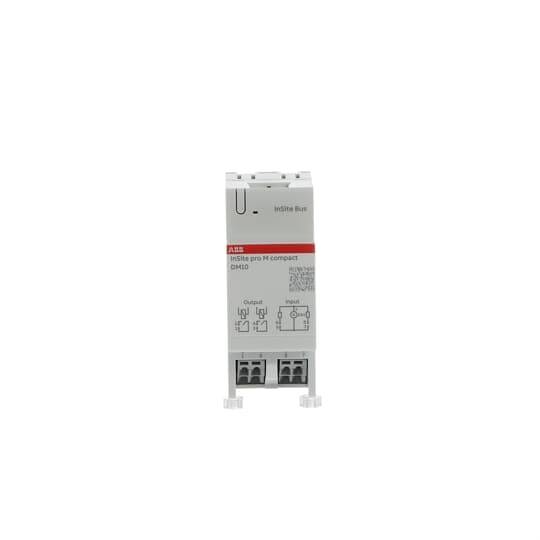 Witte ABB elektrische module gelabeld 'iLine Pro Compact' met bedrading schema's en aansluitklemmen, weergegeven in het midden op een effen achtergrond.