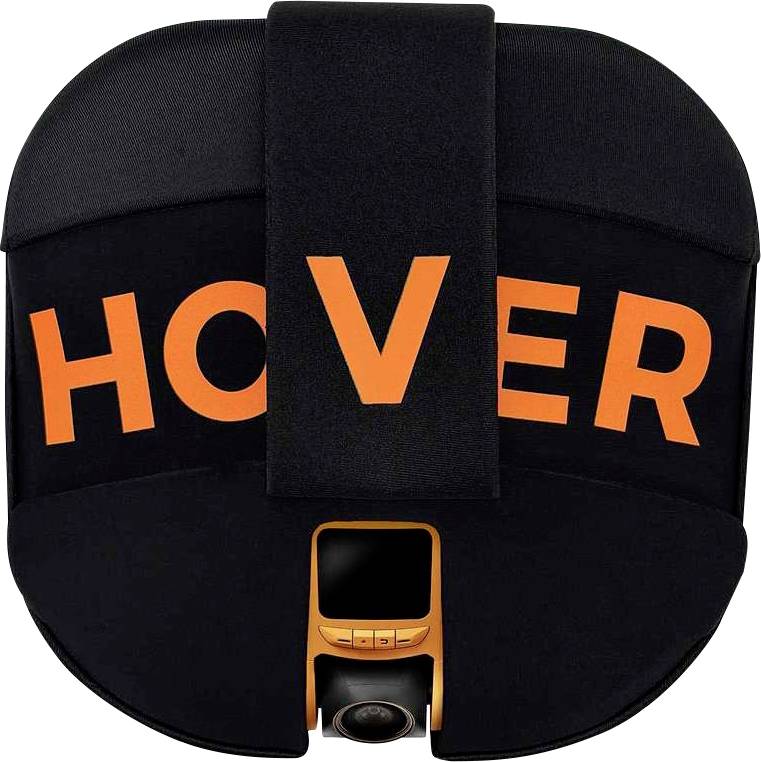 Zwarte tas of koffer met helder oranje 'HOVER'-tekst en een klein oranje apparaat gecentreerd aan de onderkant, weergegeven op een witte achtergrond.