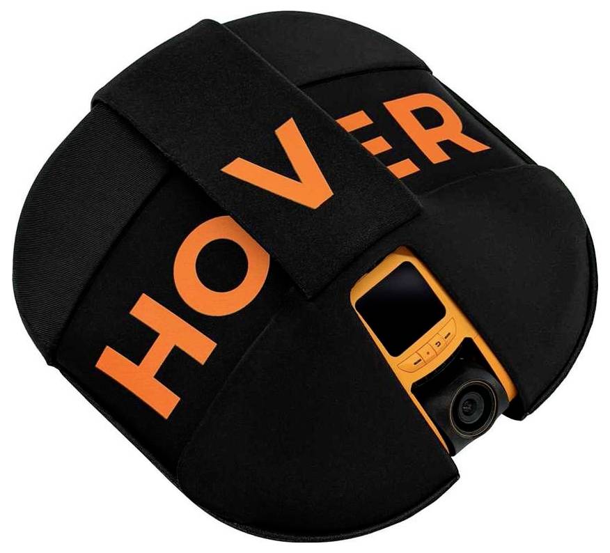 Zwarte gevoerde cameratas met oranje 'HOVER'-letters en een zichtbare oranje camera die uit een opening piekt.