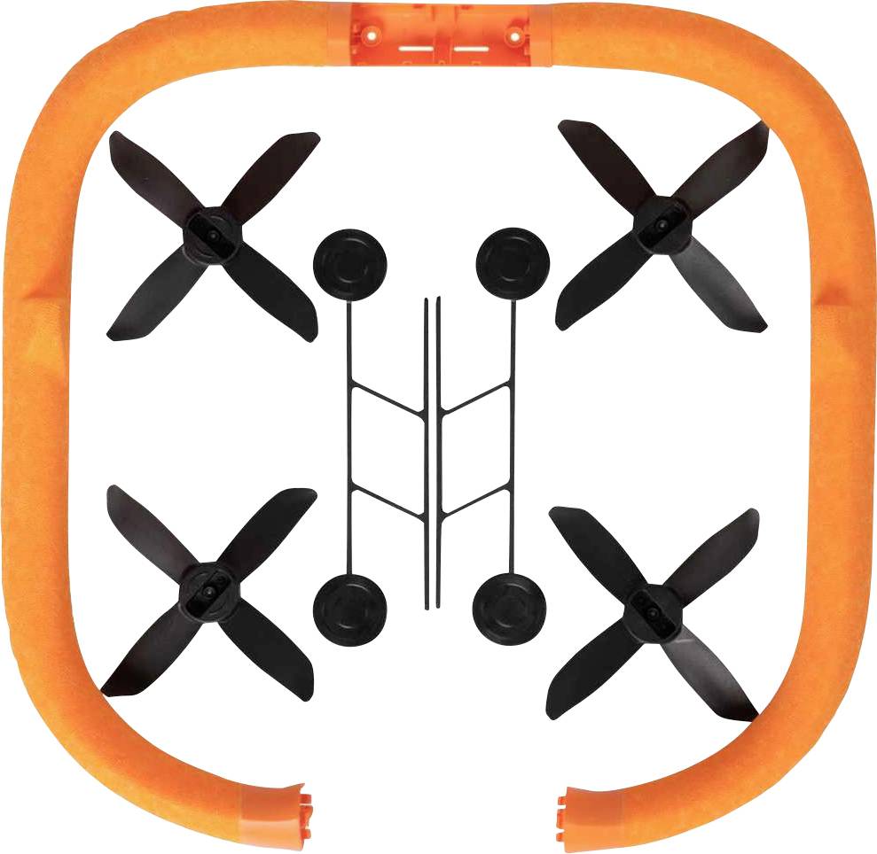 Oranje schuimveiligheidsring met vier zwarte propellers rond een centraal zwart frame, waarschijnlijk een dronebeschermer of propellerbeschermer.