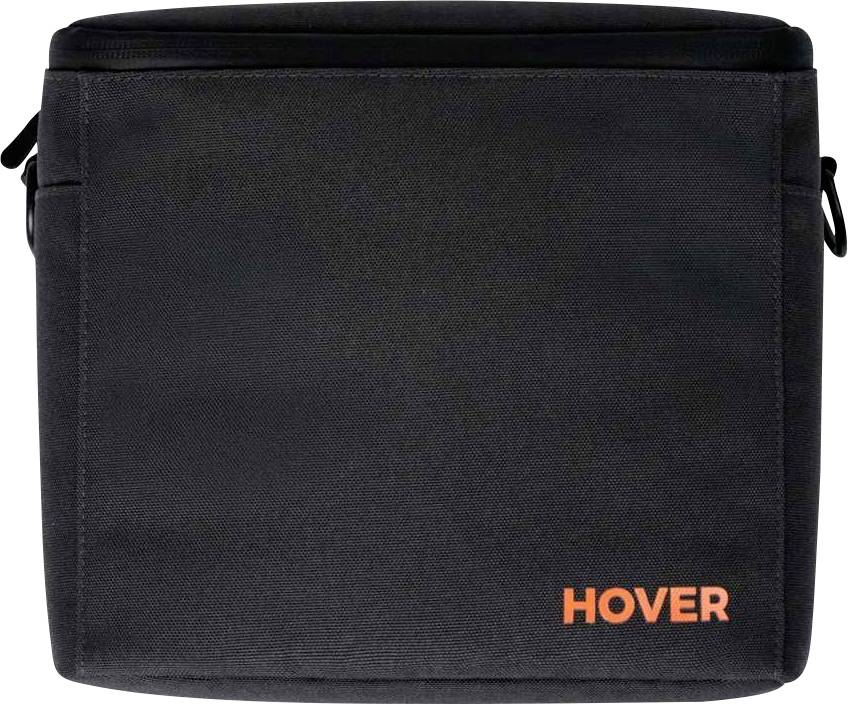 Zwarte rechthoekige geïsoleerde tas met rits aan de bovenkant en handvaten aan de zijkanten, gemerkt met 'HOVER' in oranje rechtsonder.