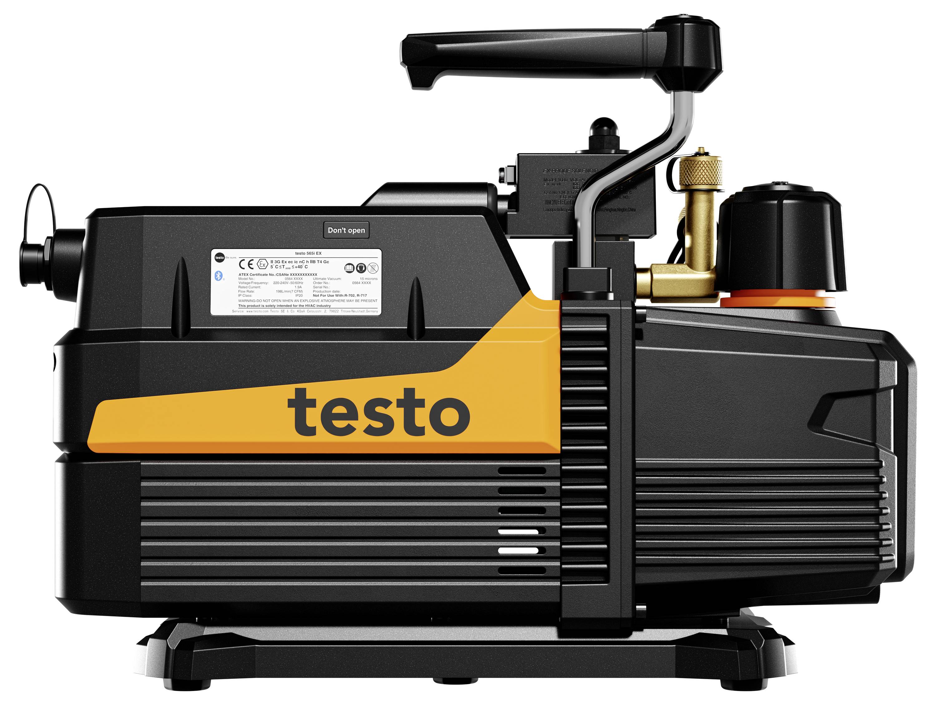 Zwart Testo draagbaar pomp-/compressorapparaat met handvat, messing ventielaansluitingen en oranje logo op een witte achtergrond.