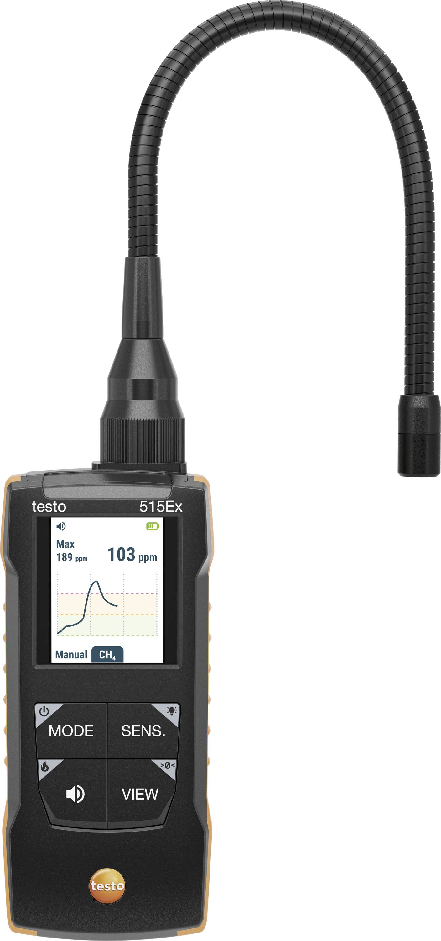 Draagbare testo 515ex gasdectector met flexibele sonde, waarbij het scherm een waarde van 103 ppm aangeeft.