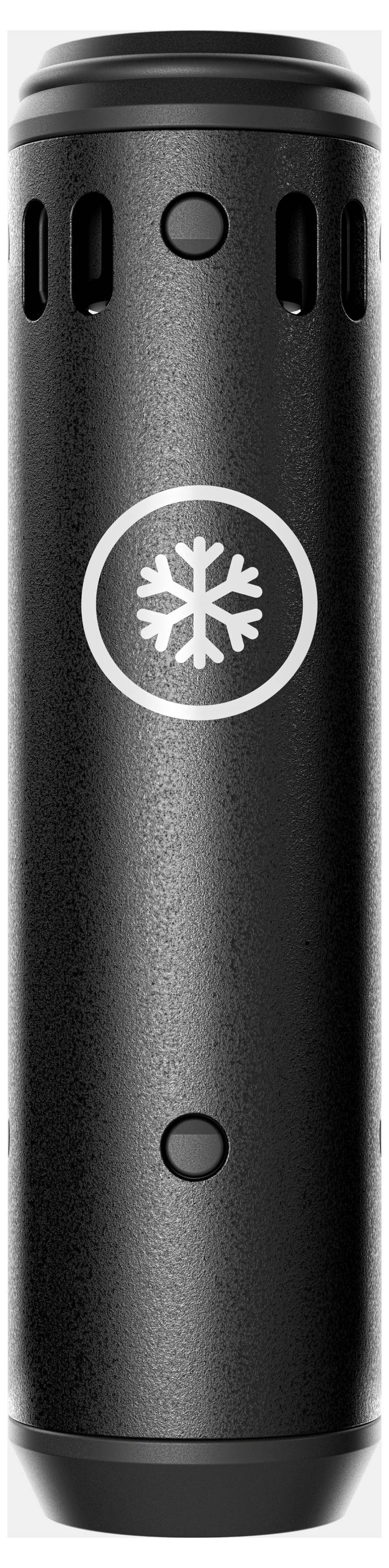Zwart cilindrisch apparaat met ventilatiesleuven en twee ronde knoppen, met een sneeuwvlokmotief op de voorkant.