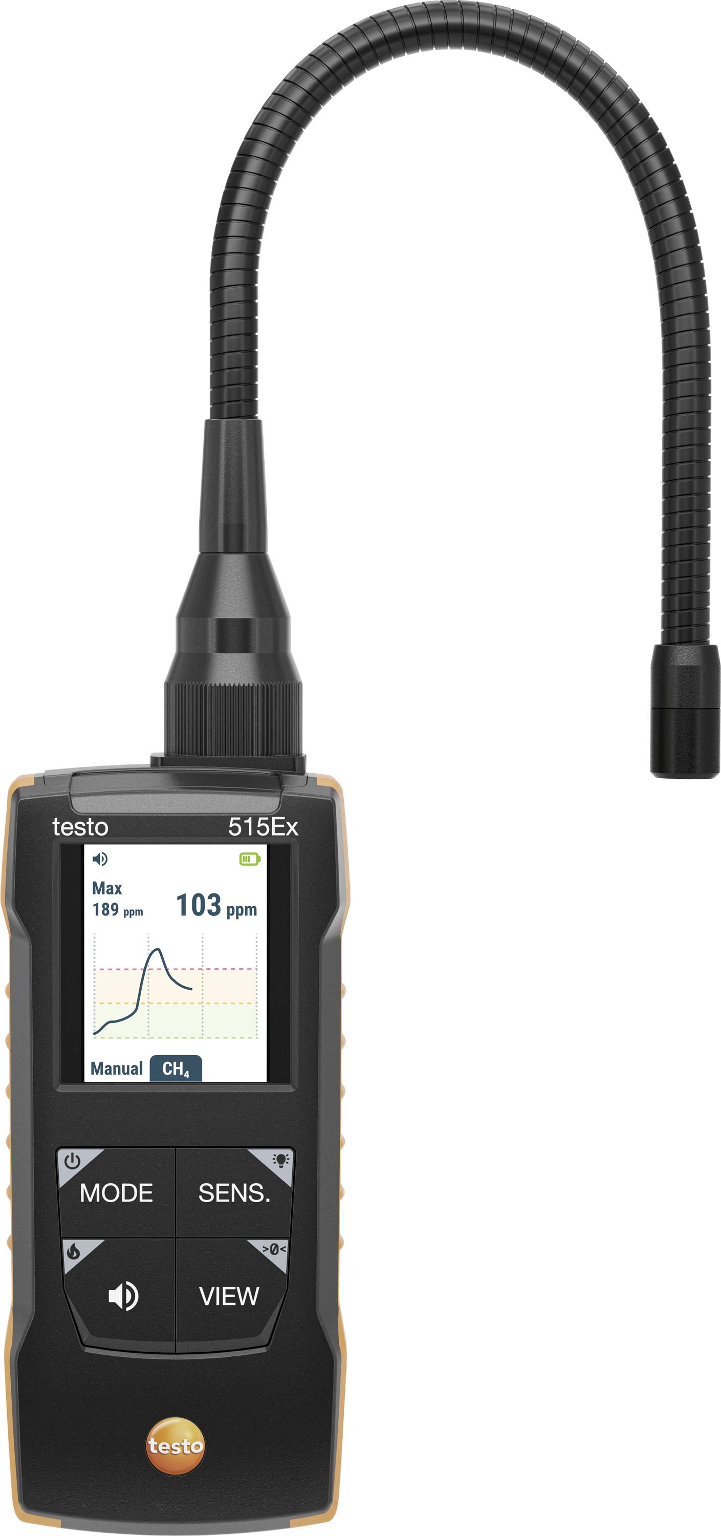 Draagbare testo 515ex gasmeter met flexibele slang sonde, met een scherm dat 103 ppm weergeeft.