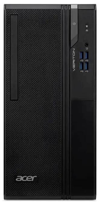 Vooraanzicht van een zwarte Acer Veriton desktop tower met aan- uitknop, USB-poorten en audio-ingang op het rechterpaneel.