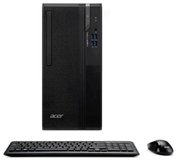 Acer desktoptoren met toetsenbord en muis weergegeven op een witte achtergrond.