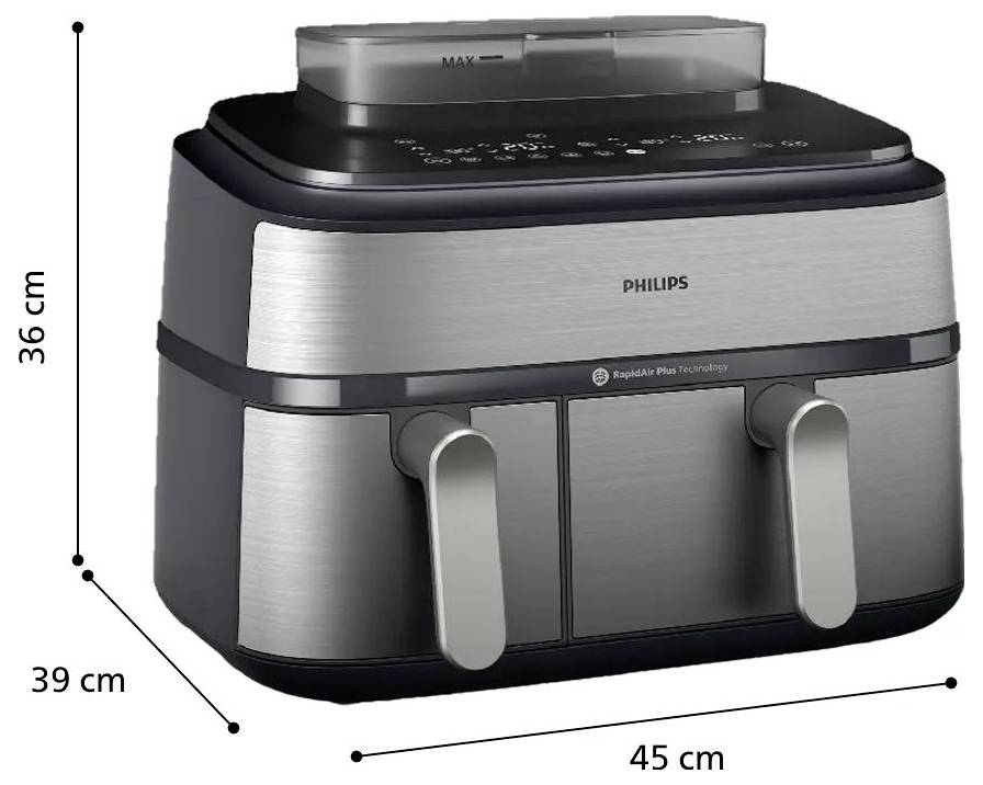 Philips airfryer getoond met afmetingen van 45 cm breed, 39 cm diep en 36 cm hoog.