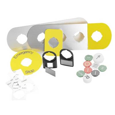 Assortiment industriële machinebesturingspaneel etiketten, schakelaarhoezen en roterende knopkappen in geel, grijs, zwart, groen en wit op een witte achtergrond.