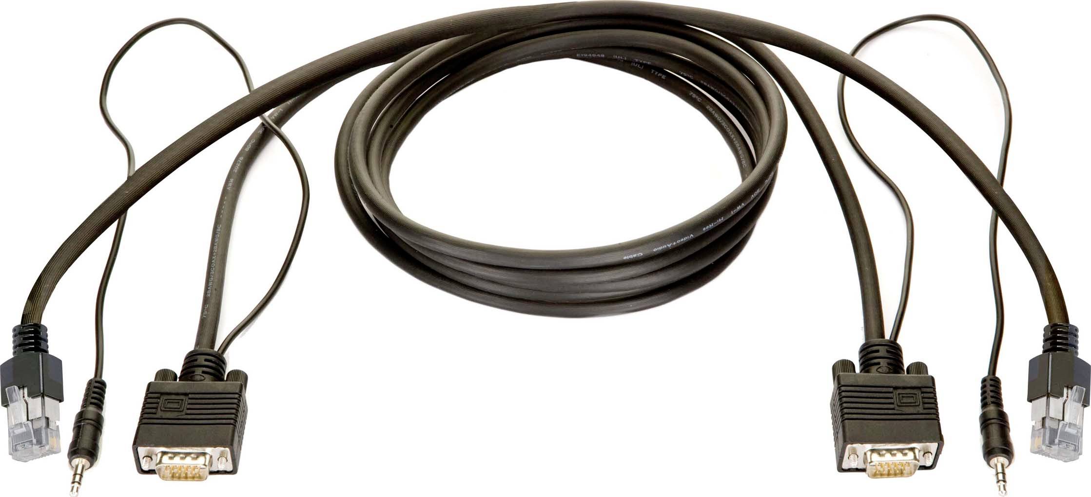 Opgerolde bruine kabel met aansluitingen aan beide uiteinden, inclusief twee VGA-achtige stekkers en twee kleine ronde audio-achtige stekkers.