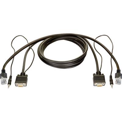 Opgerolde bruine kabel met aansluitingen aan beide uiteinden, inclusief twee VGA-achtige stekkers en twee kleine ronde audio-achtige stekkers.