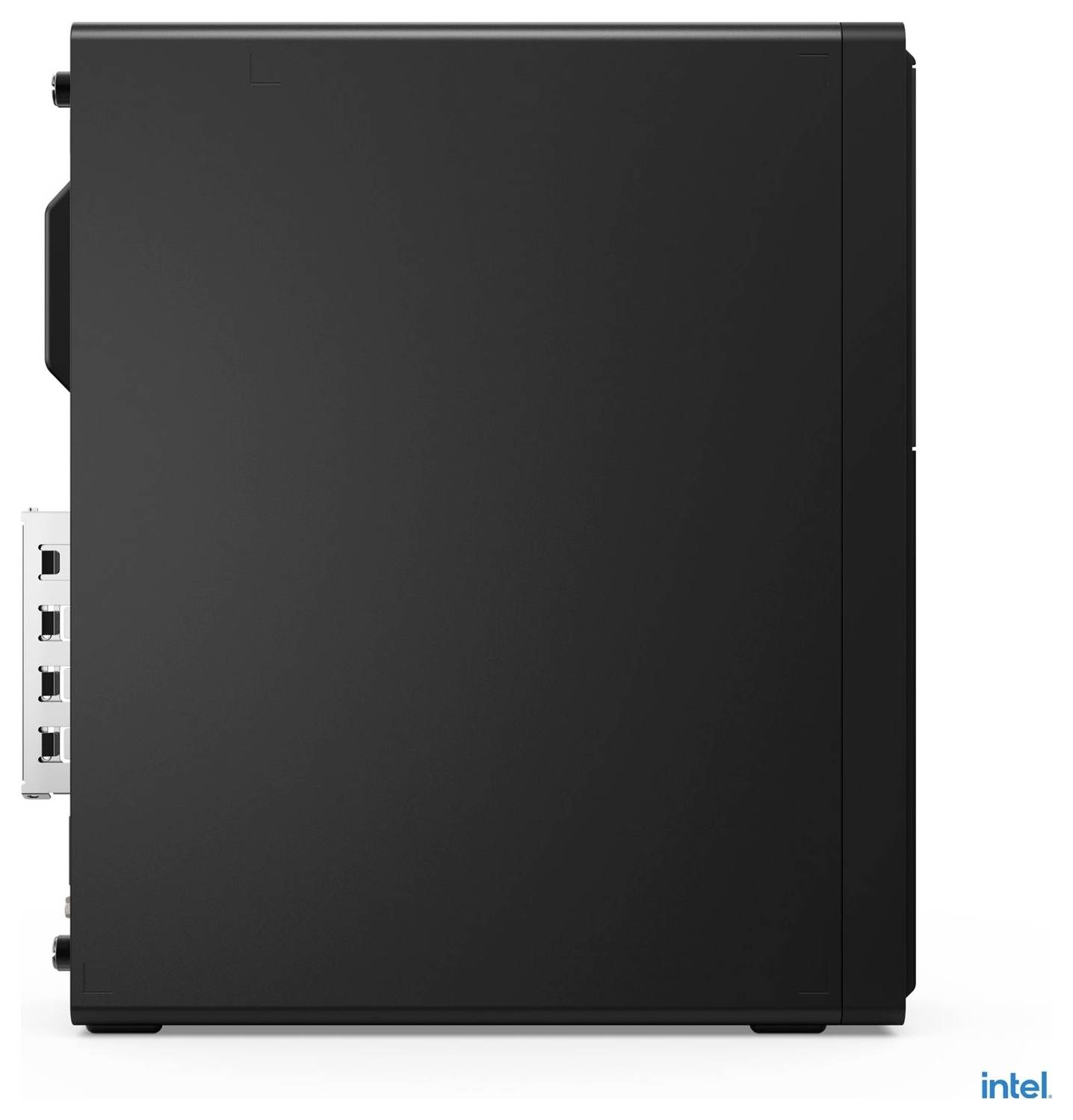 Intel zwarte computercomponentdoos met zijpoorten, weergegeven op een witte achtergrond met Intel-logo.