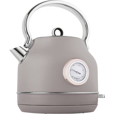 Roze-grijs elektrisch waterkoker met een temperatuurmeter aan de zijkant en een chromen handgreep en tuit, weergegeven op een witte achtergrond.