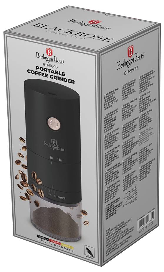 Doos voor BerlingerHaus BH-9800 draagbare koffiemolen in zwart, met afbeelding van het product en verpakkingstekst op een grijze retaildoos.