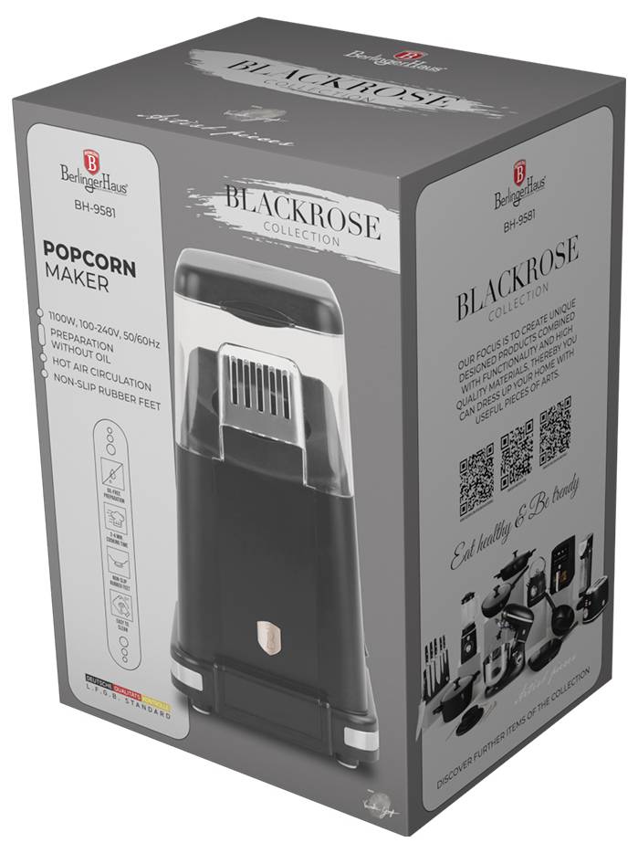 Doos van BerlingerHaus BlackRose Collection popcornmachine, met afbeelding van het apparaat en productkenmerken op de verpakking.