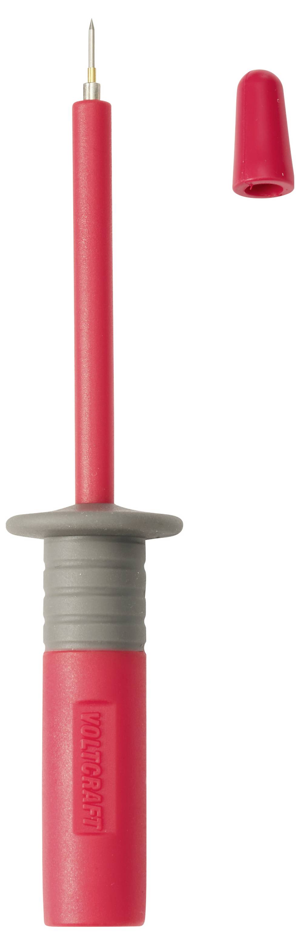 Rode geïsoleerde testprobe met een puntig metalen tip en grijze grip, weergegeven naast een bijpassende rode beschermkap.