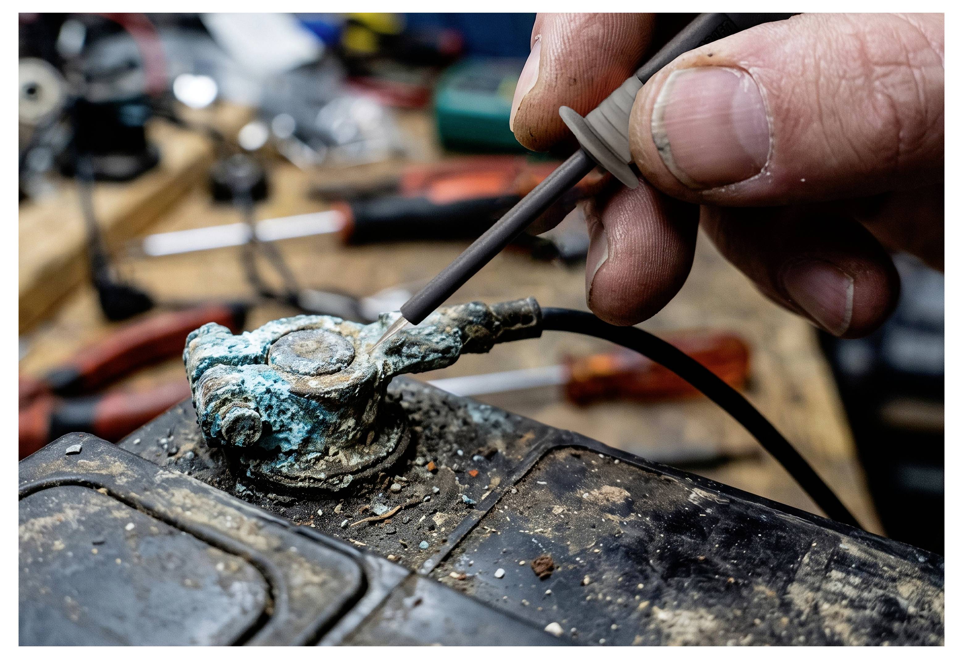 Hand die een soldeerbout vasthoudt om een gecorrodeerde batterijpool in een werkplaats te repareren.