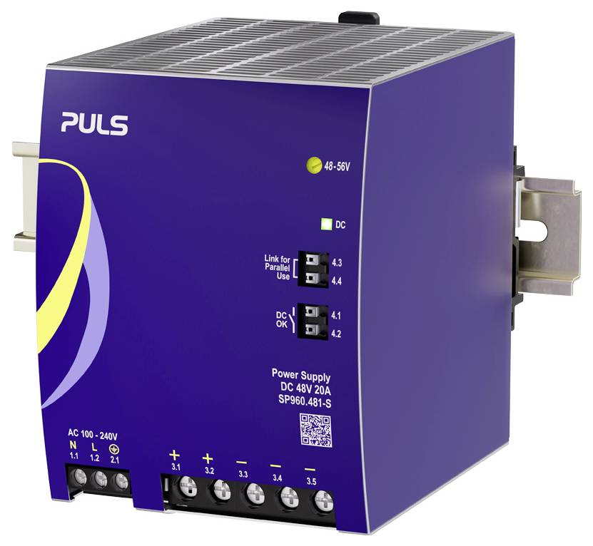Paarse PULS DIN-rail voeding, gelabeld DC 48V 20A, met status-LED's en aansluitingen aan de voorkant.