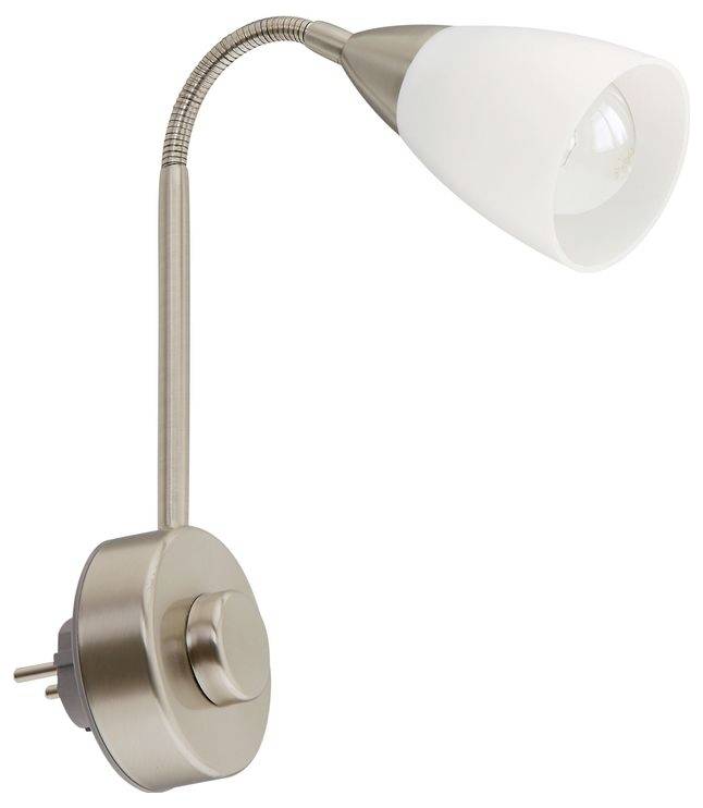 Geborsteld nikkel wandmontage leesgans leeslamp met verstelbare kegelvormige kap en ronde bedieningsknop.