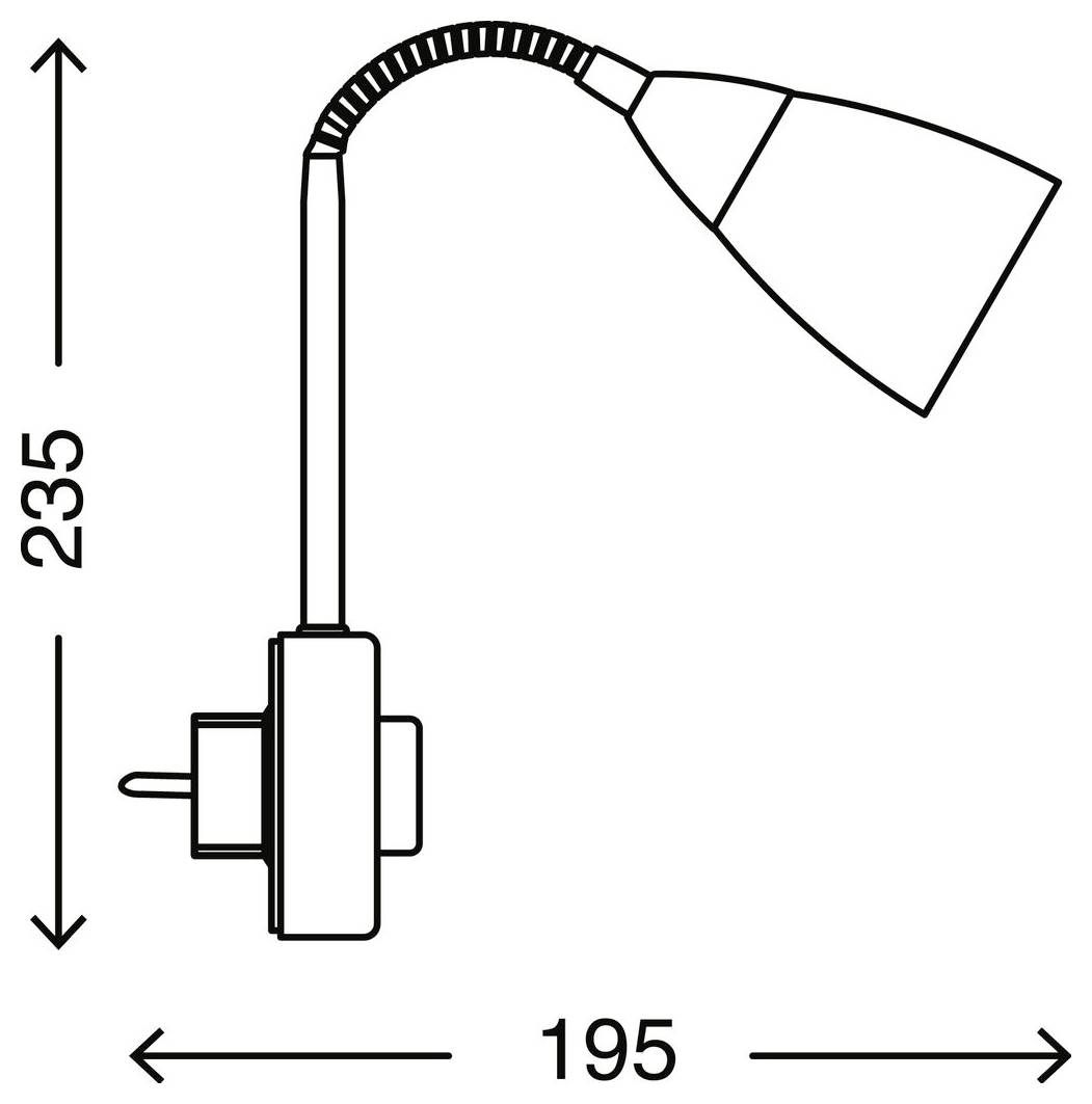 Lijntekenig van een verstelbare lamp met afmetingen aangegeven: 235 hoog en 195 breed.
