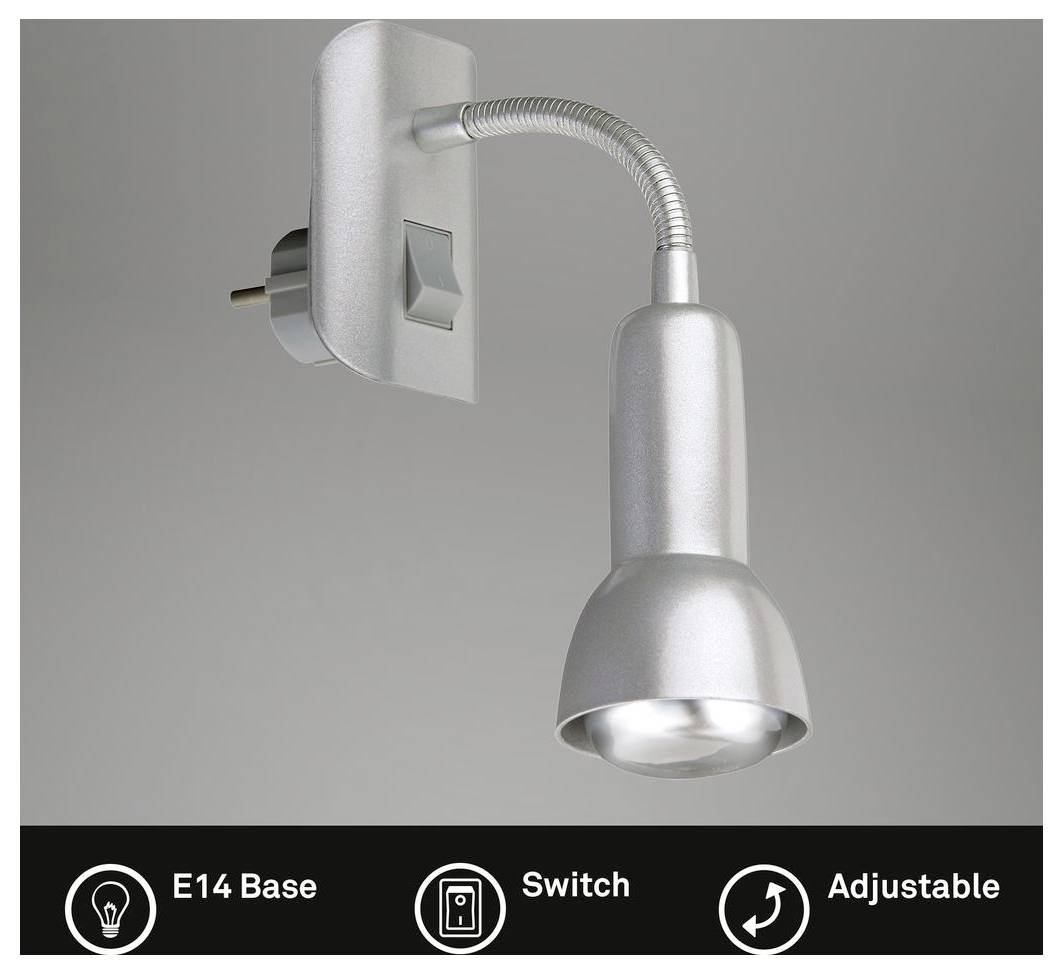 Aan de muur gemonteerde verstelbare zilveren spotlamp met E14-fitting en ingebouwde schakelaar, weergegeven met productkenmerken pictogrammen hieronder.