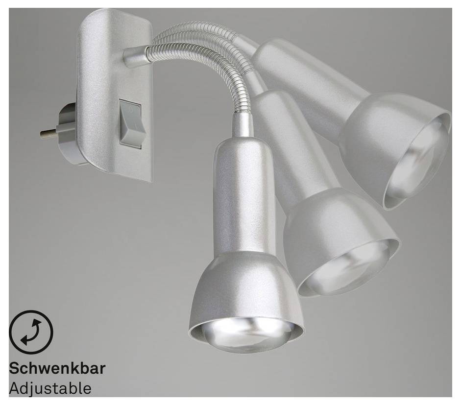 Zilveren wandlamp met drie lichten en verstelbare armen met spotlights; gelabeld 'Zwenkbaar' en 'Verstelbaar'.