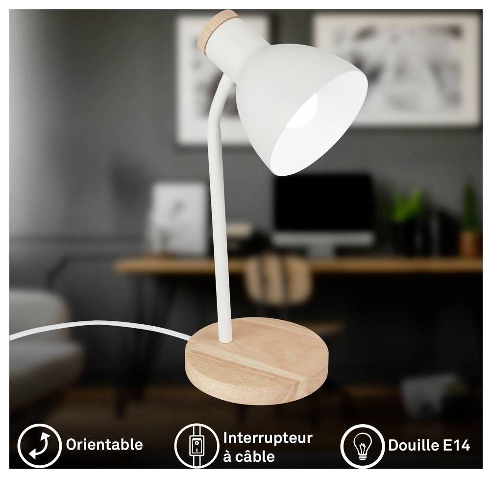 Witte verstelbare bureaulamp met houten voet, gelabeld 'Orientable', 'Interrupteur à câble', en 'Douille E14'.