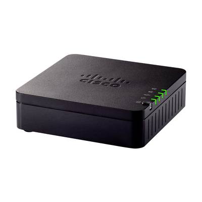 Zwart Cisco-netwerktoestel met vier groene status-LED's op de voor-rechterkant, weergegeven op een witte achtergrond.