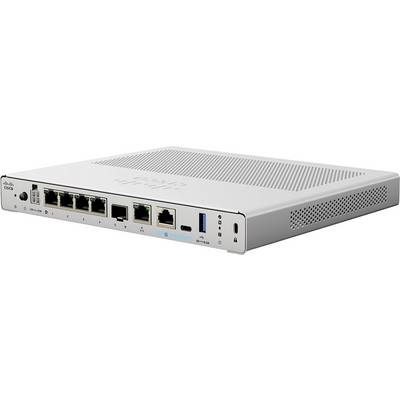 Cisco-netwerkschakelaar-apparaat getoond in voor- en schuin bovenaanzicht, met meerdere Ethernet-poorten, USB-poorten en statusindicatoren op een witte achtergrond