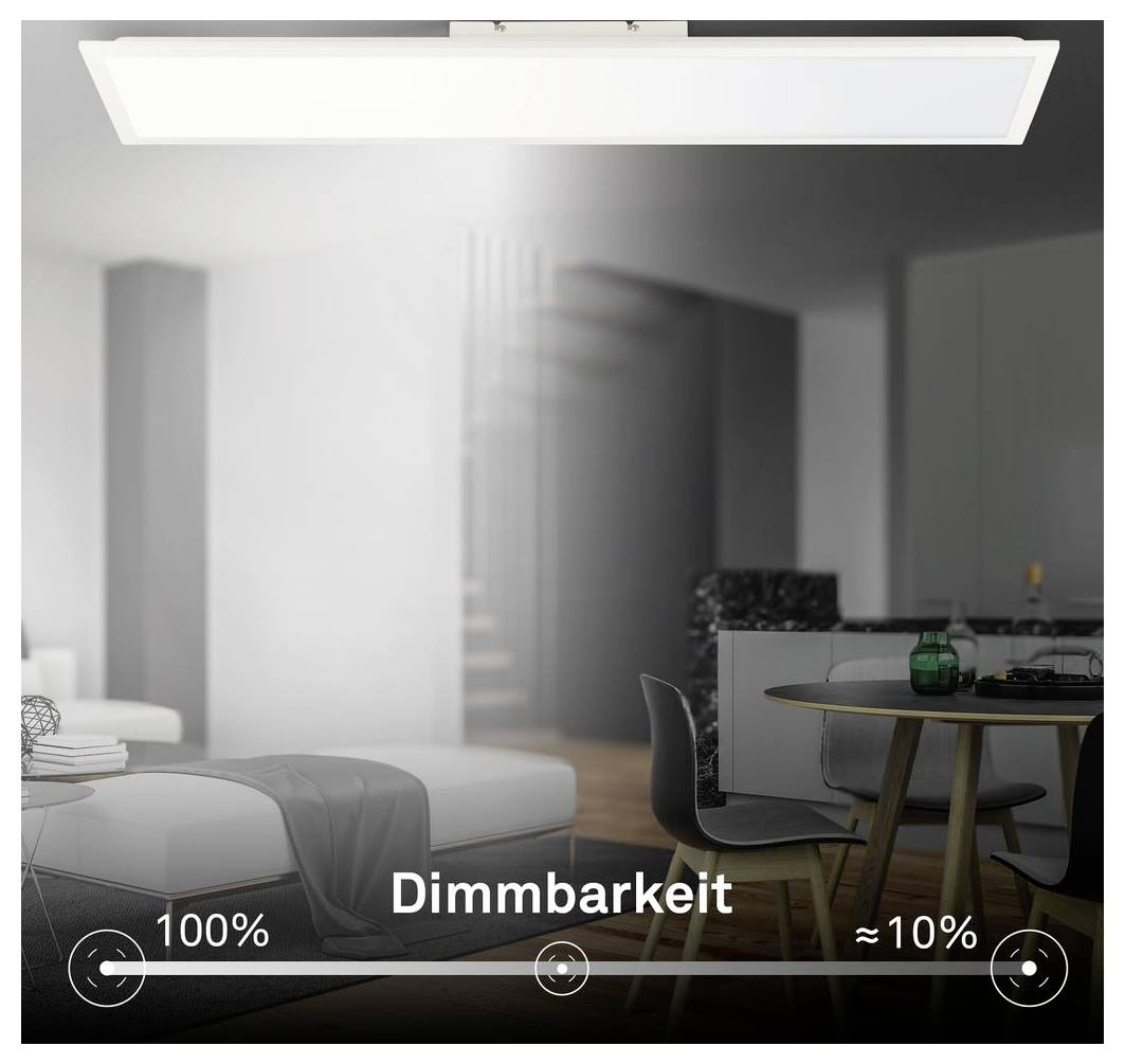 Split-view slaapkamer-naar-woonruimte verlichtingsvergelijking met volledige helderheid '100%' aan de linkerkant en gedimd '≈10%' aan de rechterkant, gelabeld 'Dimmaarheid'.