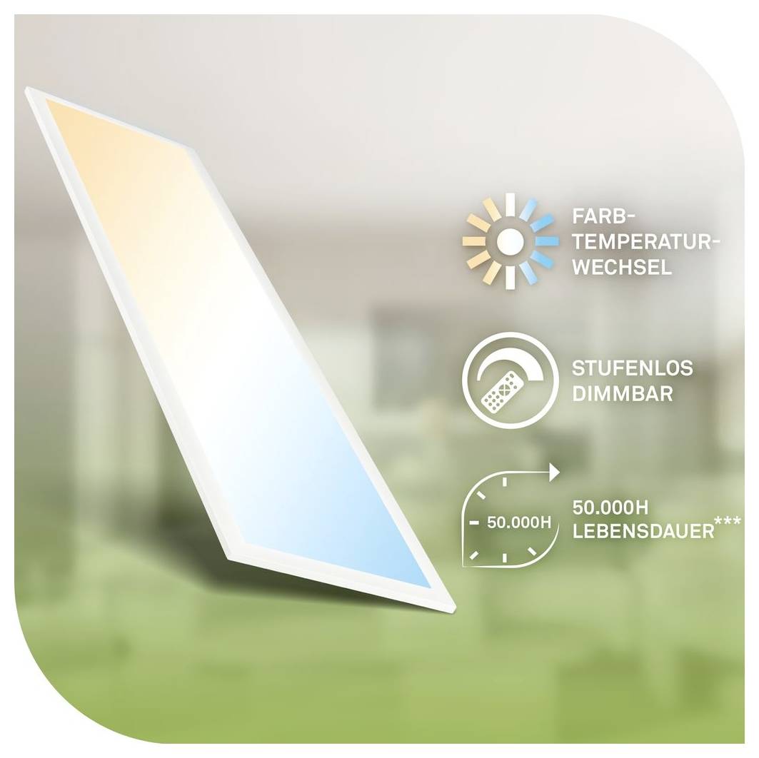 Promotionele grafische weergave van een slanke LED-paneel met kleurtemperatuurwisseling, trappeloze dimming en een levensduur van 50.000 uur.