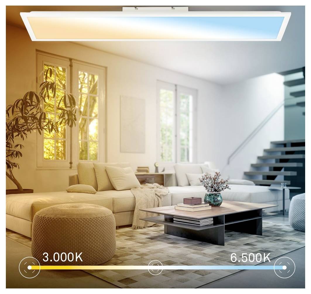 Woonkamer verlicht door een verstelbaar plafondpaneel met kleurtemperatuur van 3.000K warm licht tot 6.500K koel licht.
