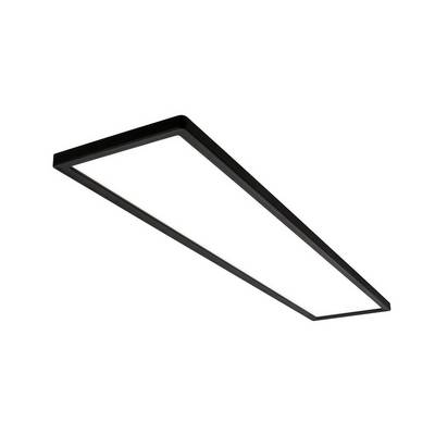 Een slank rechthoekig zwart LED-plafondlicht op een witte achtergrond.