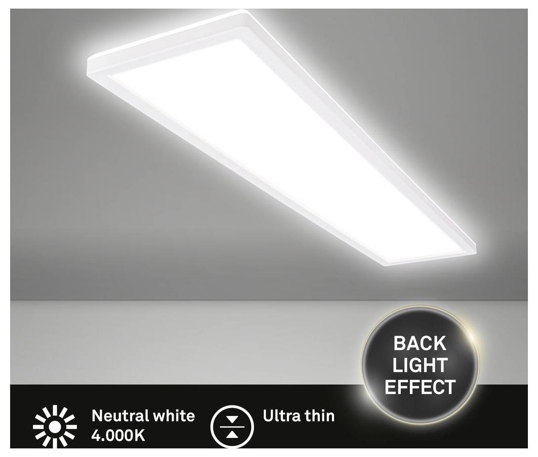 Ultra-dunne neutraal witte 4000K plafondlamp met achterlichting-effect, weergegeven als een helder rechthoekig paneel in een productafbeelding.