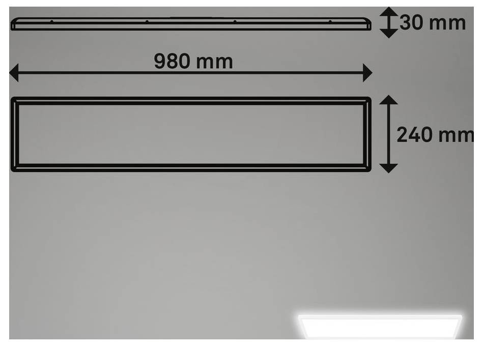 Gedimensioneerde tekening van een rechthoekig paneel: 980 mm breed, 240 mm hoog en 30 mm dik.