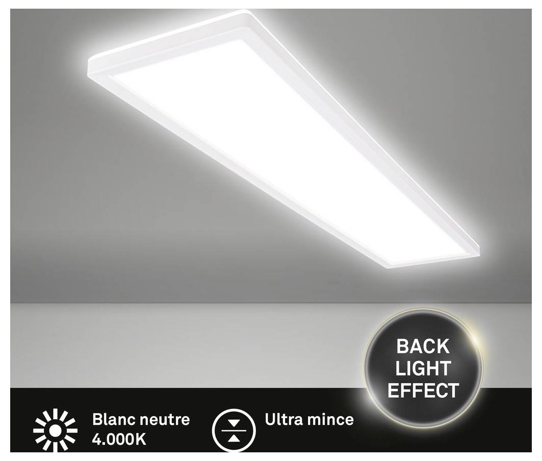 Slanke rechthoekige LED-paneelverlichting weergegeven als verlicht op grijze achtergrond, met labels 'Neutraal wit 4.000K', 'Ultraslank' en 'Achtergrondverlichtingseffect'.