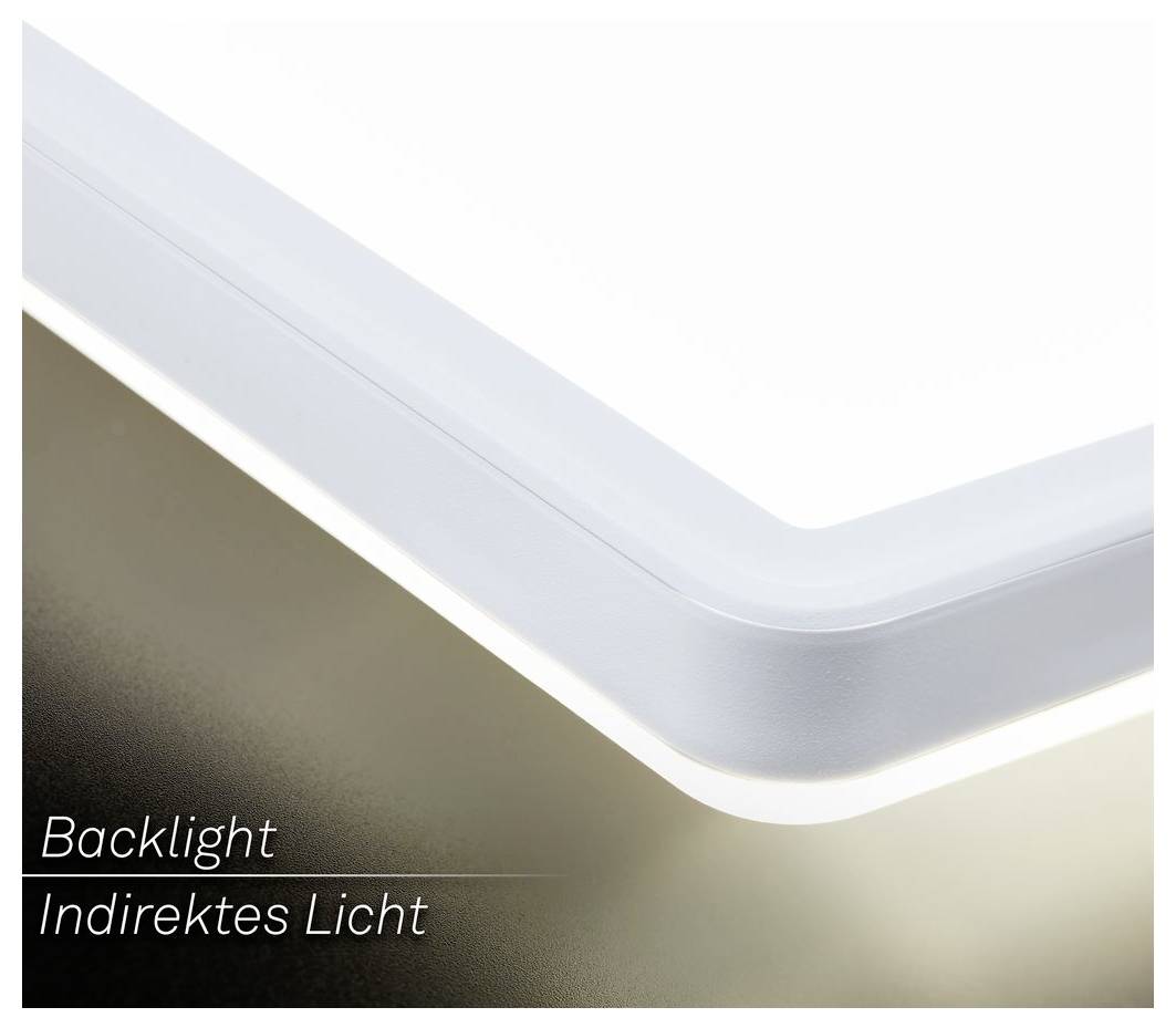 Close-up van een verlichte paneelrand met 'Backlight' en 'Indirektes Licht,' wat indirecte achterverlichting illustreert.