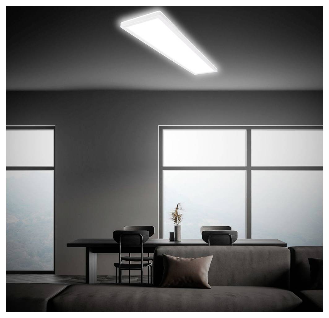 Modern minimalistische woonkamer met donkerbruine bank, eettafel en stoelen, grote ramen en helder plafondlicht.